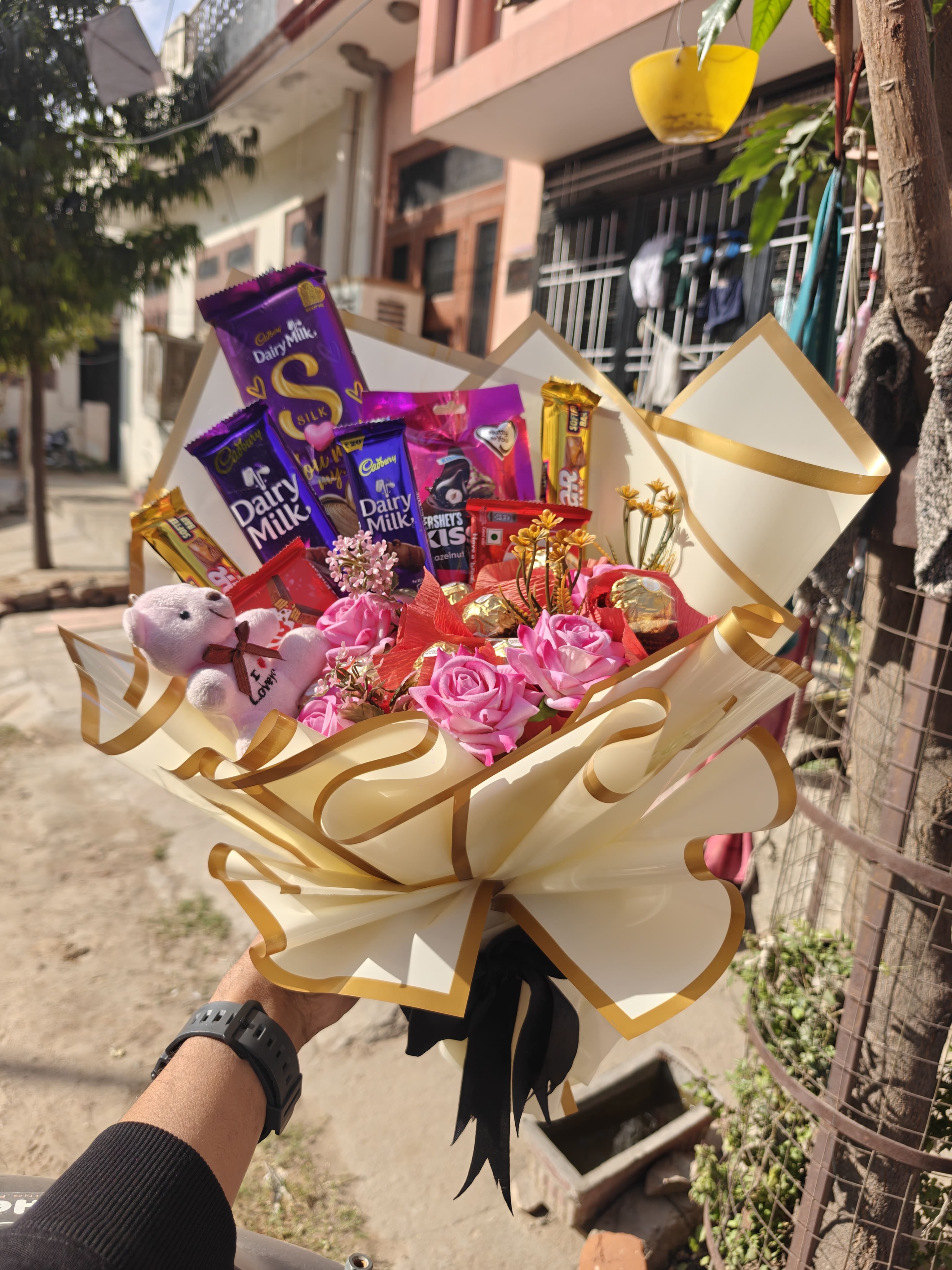 Chocolate, Roses & Teddy Combo Bouquet
